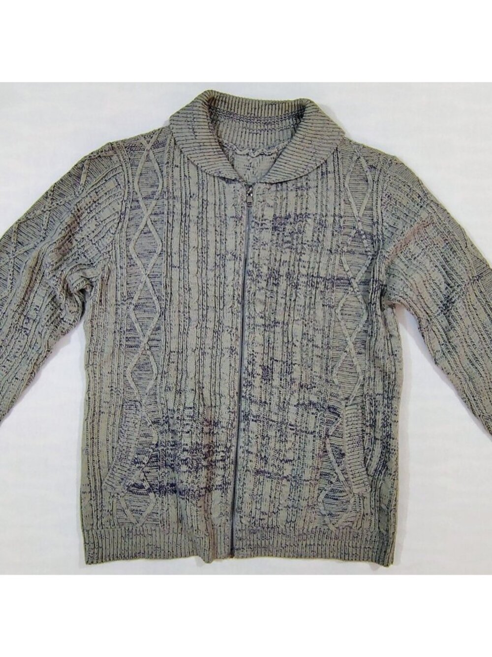 Full Zip Cardigan Cable-Knit Sweater Mens Size XL Grey Blue Shawl Collar PC0224